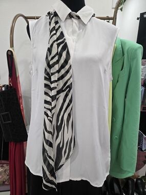 Sleeveless White Collared Blouse with Zebra Scarf